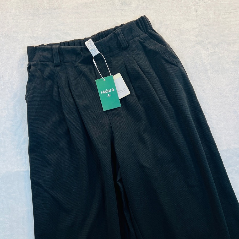 Halara Black Waffle Knit Wide Leg Pleated High Waisted Work Pants Medium Reg